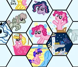 Size: 1145x988 | Tagged: safe, artist:jakusi, derpibooru import, cherry berry, dust devil, fluttershy, marble pie, pinkie pie, princess luna, sea swirl, seafoam, alicorn, pegasus, pony, unicorn, g4, aviator hat, balcony, balloon, balloon basket, beach, box, butt, canterlot, cloud, confetti, cropped, drawpile, female, flying, goggles, grid, happy, hat, hexagon, horn, hot air balloon, image, mare, night, ocean, palette swap, png, race swap, recolor, sitting, stars, sun, text, tower, water