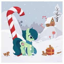 Size: 2500x2500 | Tagged: safe, artist:kaylemi, derpibooru import, oc, ponified, unofficial characters only, earth pony, food pony, original species, pony, candy, candy cane, earth pony oc, food, gingerbread (food), gingerbread house, gingerbread pony, image, png, present, snow, snowfall, tree