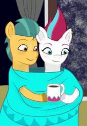 Size: 2024x2946 | Tagged: safe, artist:qeinone, derpibooru import, hitch trailblazer, zipp storm, earth pony, pegasus, pony, g5, blanket, coffee mug, ear piercing, earring, female, image, jewelry, jpeg, male, mare, mug, piercing, ship:stormblazer, shipping, smiling, stallion, straight