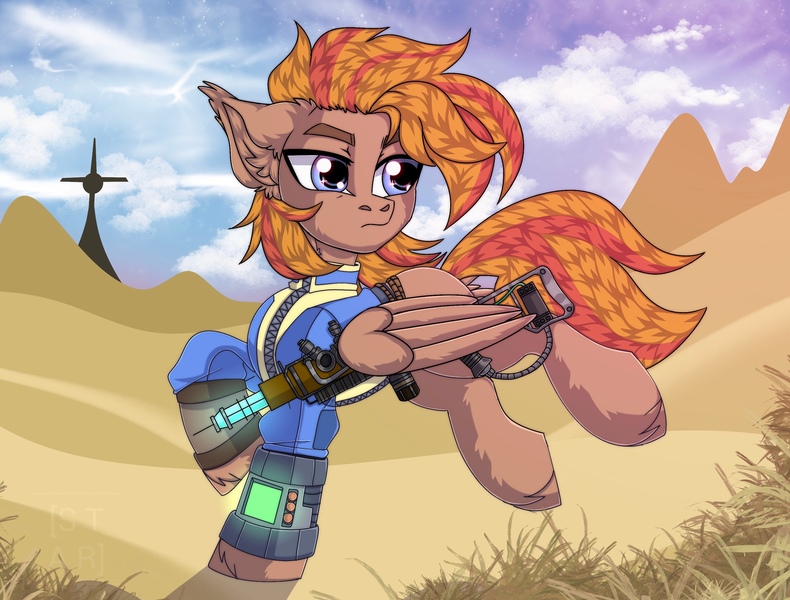 Size: 2992x2272 | Tagged: safe, artist:chloejoshh, derpibooru import, oc, oc:coma, pegasus, fallout equestria, clothes, desert, image, jpeg, jumpsuit, laser rifle, pegasus oc, pipboy, vault suit, wings