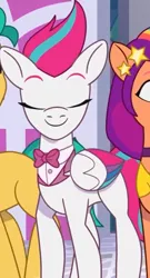 Size: 564x1047 | Tagged: safe, derpibooru import, screencap, zipp storm, earth pony, pony, g5, my little pony: tell your tale, baby critters, bowtie, clothes, cropped, door, eyes closed, female, formal wear, happy, image, jpeg, smiling, solo, suit, turning, tuxedo