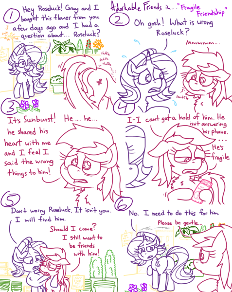 Size: 4779x6013 | Tagged: safe, artist:adorkabletwilightandfriends, derpibooru import, starlight glimmer, sunburst, comic:adorkable twilight and friends, g4, adorkable, adorkable friends, bending, bent over, bush, butt, character development, comic, cute, door, dork, flower, fragile, friendship, glimmer glutes, hug, image, mobile phone, nervous, nostrils, phone, plot, png, sad, slice of life, smartphone, sniffling, store, support, upset