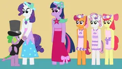 Size: 2099x1189 | Tagged: safe, derpibooru import, apple bloom, rarity, scootaloo, spike, sweetie belle, twilight sparkle, anthro, dragon, earth pony, pegasus, pony, unicorn, a canterlot wedding, g4, bridesmaid dress, clothes, cutie mark crusaders, dancing, dress, female, filly, floral head wreath, flower, flower girl, flower girl dress, foal, hat, horn, image, looking at each other, looking at someone, male, mare, my little pony, png, shipping, smiling, smiling at each other, sparity, straight, suit, top hat, winged spike, wings