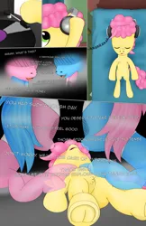 Size: 1989x3072 | Tagged: suggestive, artist:anonymousandrei, derpibooru import, aloe, li'l cheese, lotus blossom, earth pony, pony, comic:life of li'l cheese, g4, the last problem, asmr, bed, bedroom, colt, derpibooru exclusive, eyes closed, faceless female, featureless crotch, female, foal, frog (hoof), headphones, image, imagining, indoors, jpeg, listening, male, mare, offscreen character, pubic fluff, record, record player, underhoof