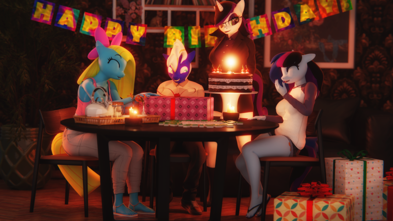 Size: 3840x2160 | Tagged: safe, artist:artempredator, derpibooru import, oc, oc:cuteamena, oc:electric blue, oc:maple cake, oc:silver predator, anthro, plantigrade anthro, g4, 3d, birthday, blender, blushing, bow, cake, candle, clothes, embarrassed, feet, flip-flops, food, gift art, happy birthday, image, mug, party, png, present, sandals, shirt, table