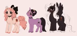 Size: 2000x937 | Tagged: safe, artist:swollenbabyfat, derpibooru import, oc, oc:love drawn, ponified, unnamed oc, unofficial characters only, pegasus, pony, unicorn, big bow, black bow, black coat, bow, brown eyes, brown mane, brown tail, choker, colored hooves, colored sketch, curly mane, curly tail, duo, ear piercing, earring, eyelashes, female, female oc, frown, glasses, hair bow, hair bun, heart choker, height difference, hooves, horn, image, jewelry, jpeg, long mane, long tail, mare, mare oc, neon genesis evangelion, open mouth, open smile, pegasus oc, piercing, pink background, pink coat, pink hooves, ponysona, profile, purple coat, purple hooves, simple background, sketch, smiling, souryuu asuka langley, spread wings, standing, tail, tied mane, trio, trio female, unicorn oc, wavy mane, wavy mouth, wavy tail, white background, white hooves, white mane, white tail, wings