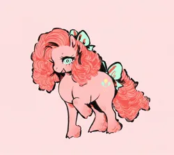 Size: 1280x1142 | Tagged: safe, artist:swollenbabyfat, derpibooru import, pinkie pie, earth pony, pony, g4, alternate hairstyle, beanbrows, blue bow, blue eyes, blush lines, blushing, bow, chubby, cloven hooves, colored eyebrows, curly mane, curly tail, eyebrows, eyelashes, female, fetlock tuft, hair accessory, hair bow, image, jpeg, light pink background, mane accessory, mare, open mouth, open smile, pink background, pink coat, pink mane, pink tail, raised hoof, redraw, simple background, smiling, solo, standing, standing on three hooves, tail, tail accessory, tail bow, white pupils