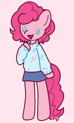 Size: 900x1500 | Tagged: safe, artist:nawnii, derpibooru import, pinkie pie, semi-anthro, g4, clothes, image, pink background, png, simple background, skirt, solo, sweater