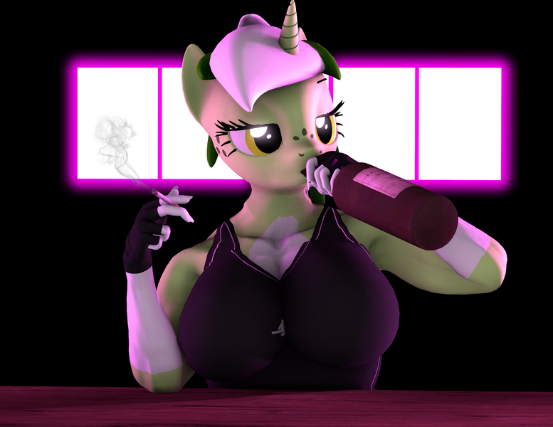 Size: 2797x2160 | Tagged: safe, artist:frostydream, derpibooru import, oc, oc:baetica castanets, unofficial characters only, anthro, unicorn, alcohol, anthro oc, bar, big breasts, billy herrington, black t-shirt, bottle, breasts, cigarette, drink, female, gachimuchi, horn, image, png, solo, unicorn oc, wine, wine bottle