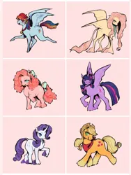 Size: 1239x1651 | Tagged: safe, artist:swollenbabyfat, derpibooru import, applejack, fluttershy, pinkie pie, rainbow dash, rarity, twilight sparkle, twilight sparkle (alicorn), alicorn, earth pony, pegasus, pony, unicorn, g4, alternate design, alternate hairstyle, alternate tailstyle, applejack's hat, beanbrows, blonde mane, blonde tail, blue bow, blue coat, blue eyes, blue eyeshadow, blush lines, blushing, bow, chubby, cloven hooves, colored eyebrows, colored fetlocks, concave belly, cowboy hat, curly mane, curly tail, curved horn, eyebrows, eyelashes, eyeshadow, female, fetlock tuft, gradient legs, green eyes, group, hair accessory, hair bow, hair tie, hat, height difference, horn, image, jewelry, jpeg, large wings, light pink background, long legs, long mane, long tail, looking at you, magenta eyes, makeup, mane accessory, mane six, mane tie, mare, medallion, multicolored hair, multicolored mane, neck ribbon, necklace, no catchlights, open mouth, open smile, orange coat, partially open wings, physique difference, pink background, pink coat, pink mane, pink tail, ponytail, profile, purple eyes, purple mane, purple tail, rainbow hair, rainbow tail, raised hoof, raised leg, redraw, ringlets, sextet, simple background, slender, smiling, smiling at you, spread wings, standing, standing on three hooves, stetson, tail, tail accessory, tail bow, tail tie, tallershy, teal eyes, thin, thin legs, three toned mane, three toned tail, tied mane, tied tail, turned head, unicorn horn, white coat, white pupils, wings, yellow coat