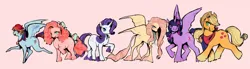 Size: 2000x552 | Tagged: safe, artist:swollenbabyfat, derpibooru import, applejack, fluttershy, pinkie pie, rainbow dash, rarity, twilight sparkle, twilight sparkle (alicorn), alicorn, earth pony, pegasus, pony, unicorn, g4, alternate design, alternate hairstyle, alternate tailstyle, applejack's hat, beanbrows, blonde mane, blonde tail, blue bow, blue coat, blue eyes, blue eyeshadow, blush lines, blushing, bow, chubby, cloven hooves, colored eyebrows, colored fetlocks, concave belly, cowboy hat, curly mane, curly tail, curved horn, eyebrows, eyelashes, eyeshadow, female, fetlock tuft, gradient legs, green eyes, group, hair accessory, hair bow, hair tie, hat, height difference, horn, image, jewelry, jpeg, large wings, light pink background, long legs, long mane, long tail, looking at you, magenta eyes, makeup, mane accessory, mane six, mane tie, mare, medallion, multicolored hair, multicolored mane, neck ribbon, necklace, no catchlights, open mouth, open smile, orange coat, partially open wings, physique difference, pink background, pink coat, pink mane, pink tail, ponytail, profile, purple eyes, purple mane, purple tail, rainbow hair, rainbow tail, raised hoof, raised leg, redraw, ringlets, sextet, simple background, size chart, size comparison, slender, smiling, smiling at you, spread wings, standing, standing on three hooves, stetson, tail, tail accessory, tail bow, tail tie, tallershy, teal eyes, thin, thin legs, three toned mane, three toned tail, tied mane, tied tail, turned head, unicorn horn, white coat, white pupils, wings, yellow coat