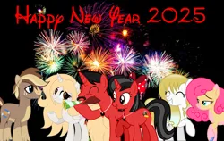 Size: 2626x1664 | Tagged: safe, artist:mickey1909, derpibooru import, oc, oc:mickey motion, oc:minnie motion, unofficial characters only, unicorn, g4, female, fireworks, happy new year, happy new year 2025, holiday, horn, image, male, new year, png, unicorn oc