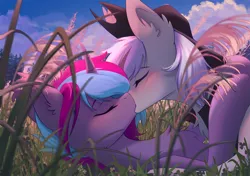 Size: 1600x1128 | Tagged: safe, artist:glumarkoj, derpibooru import, oc, oc:cloud twist, oc:silver edge, unofficial characters only, alicorn, bat pony, bat pony alicorn, earth pony, pony, unicorn, bat wings, blushing, commission, cute, eyes closed, grass, hat, horn, image, kissing, male, nature, outdoors, png, sky, smooch, stallion, stallion oc, wings