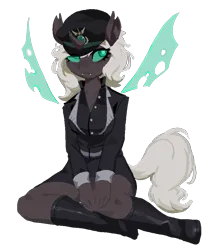 Size: 800x950 | Tagged: safe, artist:imjustpage, derpibooru import, oc, oc:kitu elder, unofficial characters only, anthro, changeling, changeling queen, equestria at war mod, boots, clothes, coat, eyelashes, fangs, female, gray coat, horn, image, legs, lipstick, png, shoes, simple background, solo, tail, transparent background, uniform, uniform hat, white mane