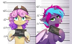 Size: 2154x1339 | Tagged: safe, artist:lambydwight, derpibooru import, oc, oc:cloud twist, oc:quickdraw, unofficial characters only, alicorn, bat pony, bat pony alicorn, earth pony, pony, bat wings, bracelet, earth pony oc, fangs, female, femboy, hat, horn, image, jail, jewelry, male, mare, mare oc, png, relaxed, stallion, stallion oc, stressed, wings