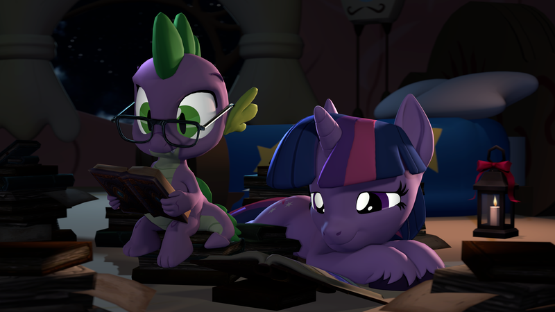 Size: 3840x2160 | Tagged: safe, artist:owlpirate, derpibooru import, spike, twilight sparkle, dragon, pony, unicorn, g4, 3d, 4k, bookhorse, cute, duo, duo male and female, female, glasses, golden oaks library, high res, image, library, lying down, male, mare, night, png, prone, reading, source filmmaker, twiabetes, unicorn twilight, unshorn fetlocks