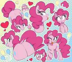 Size: 2000x1730 | Tagged: suggestive, artist:thebatfang, ponerpics import, pinkie pie, earth pony, pony, balloon, blushing, cake, collage, cupcake, dock, food, gradient background, image, png, solo, tongue out