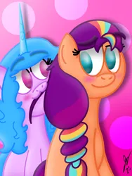 Size: 1620x2160 | Tagged: safe, artist:jesslmc16, derpibooru import, izzy moonbow, sunny starscout, earth pony, unicorn, g5, :3, blushing, duo, duo female, eating, female, gradient background, horn, image, lesbian, looking at each other, looking at someone, mane stripe sunny, png, ship:moonscout, shipping, sitting, smiling, smiling at each other