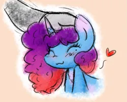 Size: 1081x864 | Tagged: safe, artist:zutcha, derpibooru import, human, pony, unicorn, g5, blush lines, blushing, cute, daaaaaaaaaaaw, eyes closed, female, floating heart, head pat, heart, horn, human on pony petting, image, mare, misty brightdawn, mistybetes, multicolored hair, offscreen character, orange background, pat, petting, png, rebirth misty, simple background, smiling, solo focus, weapons-grade cute