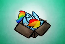 Size: 1340x896 | Tagged: safe, artist:zutcha, derpibooru import, rainbow dash, pegasus, pony, g4, behaving like a cat, box, cardboard box, cute, dashabetes, eyes closed, female, if i fits i sits, image, lying down, mare, png, pony in a box, prone, sleeping, solo