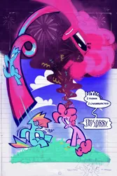 Size: 1280x1920 | Tagged: safe, artist:yl0w, derpibooru import, part of a set, pinkie pie, rainbow dash, earth pony, pegasus, pony, comic:rainbow override, fanfic:rainbow factory, g4, abstract, apologetic, apology, bloodshot eyes, blue coat, blue sky, comic, confetti, curly mane, curly tail, dialogue, dizzy, duo, duo female, eye clipping through hair, eyelashes, fanfic art, female, floppy ears, frown, grass, image, looking at someone, mare, motion lines, multicolored hair, multicolored mane, open frown, open mouth, outdoors, part of a series, pink coat, pink mane, pink tail, png, profile, rainbow hair, rainbow tail, sitting, sky, sliding, speech bubble, spiky mane, spiky tail, tail, talking, three quarter view