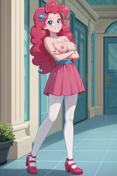 Size: 1024x1536 | Tagged: questionable, ai content, generator:prefect pony xl, machine learning generated, prompter:iamahuman, pinkie pie, human, equestria girls, g4, bad anatomy, bad hands, bow, breasts, busty pinkie pie, clothes, crossed arms, door, female, full body, generation errors, hair bow, image, leggings, nipples, nudity, partial nudity, png, shoes, skirt, smiling, solo, solo female, standing, topless