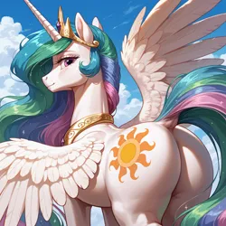 Size: 1024x1024 | Tagged: suggestive, ai content, generator:prefect pony xl, machine learning generated, prompter:iamahuman, princess celestia, alicorn, pony, g4, butt, cloud, cutie mark, dock, female, image, jewelry, looking at you, looking back, looking back at you, outdoors, plot, png, praise the sun, regalia, sky, solo, solo female, spread wings, sunbutt, wings