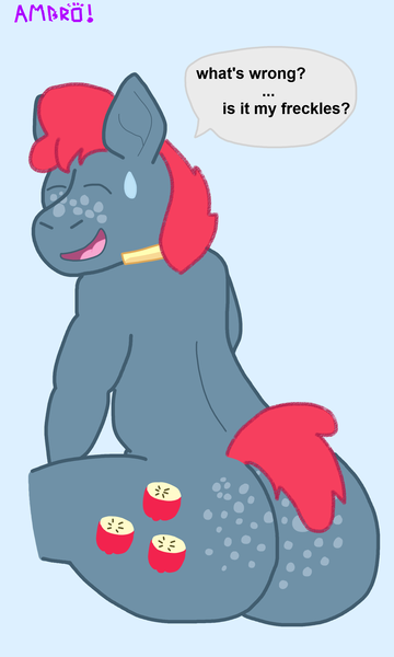 Size: 1200x2000 | Tagged: suggestive, artist:batpony, derpibooru import, apple split, anthro, earth pony, pony, g4, apple family member, butt, butt focus, clothes, dialogue, english, fanart, freckles, grin, image, large butt, looking at you, looking back, looking back at you, male, necktie, nervous, nervous grin, nervous sweat, png, smiling, solo, sweat