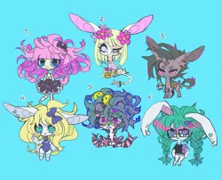 Size: 1511x1218 | Tagged: safe, artist:cutesykill, derpibooru import, part of a set, oc, oc:maria, oc:mmu, oc:risu, oc:rusakko, oc:soabun, oc:yökyöri, unofficial characters only, anthro, big cat, demon, donkey, hybrid, mule, pony, rabbit, tiger, unicorn, animal, axe, bag, ball jointed doll, band-aid on nose, bandage, bandaged, bandaged leg, bandaid, bangs, beanbrows, beauty mark, bell, big ears, big eyes, black bow, black dress, blind, blonde hair, blonde mane, blue background, blue bow, blue eyelashes, blue eyes, blue hair, blue sclera, blue teeth, body scar, bodysuit, boob window, bow, braid, braided pigtails, cheek fluff, chest fluff, chibi, clothes, colored belly, colored ears, colored eyebrows, colored eyelashes, colored horn, colored paws, colored pinnae, colored pupils, colored sclera, colored teeth, crooked horn, cyan background, doll, donkey oc, dress, ear fluff, ear piercing, ear scar, earring, eye scar, eyebrows, eyelashes, facial scar, female, female oc, floppy ears, flower, flower in hair, flower pot, flowing hair, frilly dress, frown, furry, glasses, gray mane, gray tail, green hair, group, hair accessory, hair bow, hair tie, hairclip, heart earring, holding, hooped earrings, horn, humanoid, image, jewelry, leg markings, leg scar, leg stripes, leonine tail, light skin, long description, long ears, long hair, long horn, long mane, long tail, looking at you, lore in description, mane accessory, mare, mare oc, milk carton, monster, mule oc, narrowed eyes, no catchlights, non-pony oc, numbers, pale belly, paws, piercing, pigtails, pink eyes, pink hair, pink pupils, png, purple coat, saddle bag, satchel, scar, sextet, sharp teeth, shirt, simple background, sitting, slit pupils, smiling, smiling at you, spiky mane, spiky tail, square glasses, standing, star earring, straight hair, stripes, tail, tail band, tail fluff, tail scar, teal eyes, teeth, thick eyelashes, thin tail, three quarter view, tied hair, torn clothes, toy, two toned coat, two toned horn, unicorn oc, wall of tags, weapon, white fur, x eyes