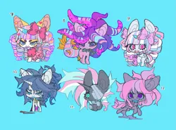 Size: 1511x1117 | Tagged: safe, artist:cutesykill, derpibooru import, part of a set, oc, oc:bubblebite, oc:kalyna, oc:luleya, oc:princess marshmallow, oc:shokoshu, oc:toothpaste (cutesykill), unofficial characters only, alicorn, fish, merpony, monster pony, pony, unicorn, alicorn oc, bandage, bandaged, bandaged body, bandaged head, bandaged leg, bandaged neck, beanbrows, beauty mark, big ears, big eyes, big mane, big tail, blaze (coat marking), blue background, blue eyes, blue mane, blue mouth, blue sclera, blue tail, blue teeth, body markings, chibi, clothes, coat markings, colored eyebrows, colored horn, colored horntip, colored mouth, colored pinnae, colored sclera, colored tail, colored teeth, coolored horn, cyan background, decapitated, dress, ear piercing, earring, eye clipping through hair, eyebrows, eyelashes, facial markings, female, female oc, fins, floating head, folded wings, freckles, frilly dress, frown, gray coat, group, hair accessory, heart earring, holding, hooped earrings, horn, image, jewelry, knife, leg markings, leg stripes, lolita fashion, long description, long mane, long tail, looking at you, lying down, male, male oc, mane accessory, mare, mare oc, mealy mouth (coat marking), mouth hold, narrowed eyes, no catchlights, numbers, open mouth, orange coat, piercing, pink bow, pink dress, pink eyes, pink teeth, plushie, png, ponyloaf, ponytail, princess, princess oc, prone, purple body, purple coat, purple eyes, purple tail, rearing, ringlets, sextet, sharp teeth, simple background, slit pupils, smiling, smiling at you, socks (coat marking), spiky mane, spiky tail, stallion, stallion oc, standing, star earring, striped coat, striped mane, striped tail, stripes, tail, tail fin, tail markings, teeth, tentacle hair, tentacle mane, thick eyelashes, thick tail, three toned mane, turned head, two toned horn, two toned mane, two toned tail, unicorn horn, unicorn oc, unusual pupils, wall of tags, white coat, wings