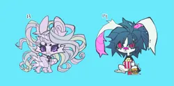 Size: 1255x616 | Tagged: safe, artist:cutesykill, derpibooru import, part of a set, oc, oc:lupus, oc:sugarspill, unofficial characters only, alicorn, anthro, monster pony, pony, rabbit, seraph, alicorn oc, animal, band-aid on nose, bandage, bandaged, bandaged leg, bandaged wing, bandaid, beanbrows, big ears, big eyes, black tail, blue background, blue hair, blue sclera, burger, cheek fluff, cheeseburger, chibi, clothes, coat markings, colored eyebrows, colored eyelashes, colored pinnae, colored sclera, colored tail, cyan background, duo, duo female, ear fluff, ear piercing, earring, eyebrows, eyelashes, facial markings, female, female oc, flowing mane, flowing tail, folded wings, food, four wings, french fries, frown, furry, gradient hair, hamburger, horn, image, jewelry, leg fluff, leg markings, long description, long ears, long mane, long tail, mare, mare oc, mcdonald's, multiple wings, no catchlights, non-pony oc, numbers, peytral, piercing, png, popcorn, purple eyelashes, purple eyes, purple mane, purple sclera, purple tail, red eyes, shirt, simple background, sitting, spiky tail, standing, striped horn, striped wings, swirls, swirly markings, t-shirt, tail, thick eyelashes, three toned horn, three toned mane, three toned tail, turned head, two toned tail, unicorn horn, unusual pupils, white fur, wing markings, wing stripes, wings