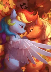 Size: 2277x3220 | Tagged: safe, artist:itssim, derpibooru import, applejack, rainbow dash, earth pony, pegasus, pony, fall weather friends, g4, appledash, applejack's hat, autumn, blushing, butt, chest fluff, cowboy hat, duo, duo female, ear fluff, eye contact, female, fluffy, freckles, hat, image, leaves, lesbian, lightly watermarked, looking at each other, looking at someone, lying down, mare, my little pony, one wing out, plot, png, running of the leaves, shipping, side, smiling, smiling at each other, watermark, wings