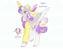 Size: 2048x1592 | Tagged: safe, artist:anemonaii, derpibooru import, oc, unofficial characters only, pegasus, pony, g3, g4, adoptable, adoptable open, blaze (coat marking), blouse, cardigan, coat markings, colored ears, colored hooves, colored lineart, colored pinnae, colored pupils, colored wings, curly mane, curly tail, eyelashes, facial markings, feathered wings, female, female oc, fusion, fusion:silver frames, fusion:surprise, gradient legs, gray coat, gray hooves, gray wings, hat, hooves, image, jpeg, mare oc, obtrusive watermark, pegasus oc, purple eyes, purple pupils, purple text, raised leg, signature, silver coat, simple background, smiling, socks (coat marking), solo, spread wings, standing, standing on three hooves, sun hat, tail, two toned eyes, two toned mane, two toned tail, two toned wings, wall of tags, watermark, white background, wings