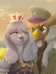 Size: 1668x2224 | Tagged: safe, artist:cupute, derpibooru import, oc, oc:grimes brandt, oc:princess molly, diamond dog, gryphon, equestria at war mod, blushing, clothes, crown, diamond dog oc, dress, griffon oc, image, jewelry, military cap, necklace, png, regalia, royalty, sky, smiling, yellow eyes