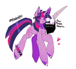 Size: 1897x1715 | Tagged: safe, artist:emoboy130, derpibooru import, twilight sparkle, pony, unicorn, g4, alternate cutie mark, bandaid, big hooves, book, bracelet, chest fluff, coat markings, colored eartips, colored pinnae, dear princess celestia, death note, ear fluff, ear piercing, earring, eye clipping through hair, eyelashes, eyeshadow, facial markings, female, floating heart, heart, helix piercing, horn, image, implied princess celestia, jewelry, jpeg, long legs, long mane, long tail, looking back, magic, makeup, mare, open book, open mouth, outline, pentagram, piercing, purple coat, purple eyes, purple eyeshadow, purple hooves, quill pen, raised hoof, shiny hooves, shiny mane, shiny tail, signature, simple background, slit pupils, star (coat marking), straight mane, straight tail, tail, telekinesis, three quarter view, three toned mane, three toned tail, unicorn horn, unicorn twilight, white background, white outline