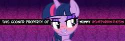 Size: 1500x500 | Tagged: suggestive, edit, editor:shepardinthesky, twilight sparkle, pony, unicorn, bedroom eyes, blushing, eyebrows, female, gooner, goth, grin, horn, image, looking sideways, makeup, mare, png, raised eyebrow, smiling, solo, sweat, text, unicorn twilight