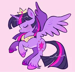 Size: 2048x1984 | Tagged: safe, artist:alexbeeza, derpibooru import, twilight sparkle, twilight sparkle (alicorn), alicorn, pony, g4, alternate design, bangs, blaze (coat marking), blushing, coat markings, colored belly, colored hooves, colored pinnae, colored wings, colored wingtips, concave belly, crown, cute, eyelashes, eyes closed, facial markings, feathered wings, female, fetlock tuft, gradient legs, gradient wingtips, hooves, horn, image, jewelry, jpeg, leg markings, long mane, long tail, mare, pale belly, pink background, pink hooves, pink wingtips, profile, purple coat, rearing, regalia, simple background, solo, spread wings, star mark, stars, straight mane, straight tail, tail, three toned mane, three toned tail, twiabetes, unicorn horn, unshorn fetlocks, wings