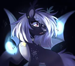 Size: 2048x1807 | Tagged: safe, artist:cheekipone, ponerpics import, oc, unofficial characters only, bat pony, pony, bat pony oc, bat wings, choker, coat markings, dark, ear piercing, ear tufts, eyebrows visible through hair, facial markings, fangs, female, image, mare, open mouth, piercing, png, raised hoof, snip (coat marking), solo, sparkles, spread wings, standing, stars, surprised, unshorn fetlocks, wings, wisp