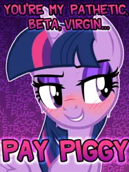 Size: 534x715 | Tagged: suggestive, edit, editor:shepardinthesky, twilight sparkle, pony, unicorn, bedroom eyes, blushing, eyebrows, female, findom, gooner, goth, grin, horn, image, looking sideways, makeup, mare, png, raised eyebrow, smiling, solo, sweat, text, unicorn twilight