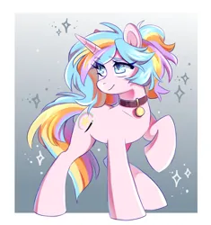 Size: 1929x2048 | Tagged: safe, artist:cheekipone, ponerpics import, oc, oc:oofy colorful, unofficial characters only, pony, unicorn, collar, eye clipping through hair, eyebrows visible through hair, female, horn, image, mare, passepartout, png, raised hoof, smiling, solo, sparkles, standing, unicorn horn, unicorn oc, unshorn fetlocks