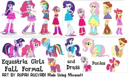 Size: 800x495 | Tagged: safe, artist:rupahrusyaidi, derpibooru import, apple bloom, applejack, fluttershy, pinkie pie, rainbow dash, rarity, scootaloo, sweetie belle, twilight sparkle, earth pony, human, pegasus, pony, unicorn, equestria girls, g4, clothes, dress, fall formal outfits, female, filly, foal, horn, image, jpeg, mare, ms paint, small version