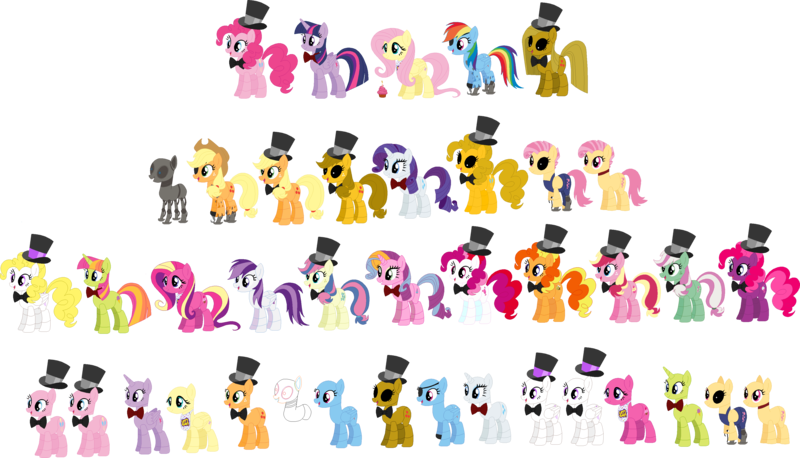 Size: 3958x2267 | Tagged: safe, artist:selenaede, artist:victorfazbear, derpibooru import, applejack, bon bon, candy mane, cupcake (g4), fizzypop, fluttershy, minty (g4), pinkie pie, plumsweet, rainbow dash, rarity, sprinkle stripe, sugar grape, sweetcream scoops, sweetie drops, sweetie swirl, twilight sparkle, twilight sparkle (alicorn), alicorn, earth pony, pegasus, pony, robot, robot pony, unicorn, g4, animatronic, applefreddy, base, base used, bowtie, clothes, cowboy hat, crossover, cupcake, endoskeleton, female, five nights at freddy's, five nights at pinkie's, folded wings, food, golden applejack, golden pinkie, hat, horn, image, mare, open mouth, open smile, pinkamena diane pie, pinkie fazpie, png, recolor, simple background, smiling, surprise (g4), template, top hat, transparent background, wings