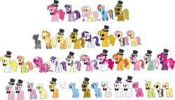 Size: 3958x2267 | Tagged: safe, artist:selenaede, artist:victorfazbear, derpibooru import, applejack, bon bon, candy mane, cupcake (g4), fizzypop, fluttershy, minty (g4), pinkie pie, plumsweet, rainbow dash, rarity, sprinkle stripe, sugar grape, sweetcream scoops, sweetie drops, sweetie swirl, twilight sparkle, twilight sparkle (alicorn), alicorn, earth pony, pegasus, pony, robot, robot pony, unicorn, g4, animatronic, applefreddy, base, base used, bowtie, clothes, cowboy hat, crossover, cupcake, endoskeleton, female, five nights at freddy's, five nights at pinkie's, folded wings, food, golden applejack, golden pinkie, hat, horn, image, mare, open mouth, open smile, pinkamena diane pie, pinkie fazpie, png, recolor, simple background, smiling, surprise (g4), template, top hat, transparent background, wings