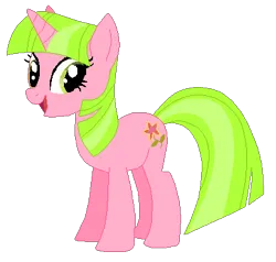 Size: 410x391 | Tagged: safe, artist:selenaede, artist:user15432, derpibooru import, pick-a-lily, pony, unicorn, g4, base used, generation leap, green eyes, green mane, green tail, horn, image, looking at you, not twilight sparkle, open mouth, open smile, pink coat, png, recolor, simple background, smiling, solo, tail, transparent background