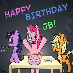 Size: 1000x1000 | Tagged: artist needed, safe, artist:adequality, color edit, derpibooru import, edit, applejack, pinkie pie, twilight sparkle, pony, unicorn, g4, bipedal, birthday cake, cake, colored, drawthread, female, food, happy birthday, image, mare, open mouth, open smile, plate, png, raised hoof, raised hooves, requested art, signature, smiling, standing, table, toot, unicorn twilight