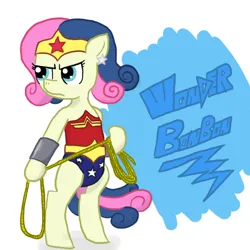 Size: 700x700 | Tagged: safe, artist:anonymous, derpibooru import, bon bon, sweetie drops, earth pony, semi-anthro, g4, bipedal, dc comics, drawthread, female, hoof hold, image, png, requested art, rope, solo, wonder woman