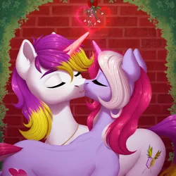 Size: 3000x3000 | Tagged: safe, artist:nika-rain, derpibooru import, oc, oc:exo inforno, oc:rinne swirl, unofficial characters only, earth pony, unicorn, commission, cute, female, horn, image, kissing, magic, male, mistletoe, png