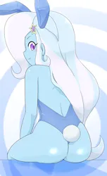 Size: 1844x3041 | Tagged: suggestive, artist:batipin, derpibooru import, trixie, human, equestria girls, g4, 2d, ass, bodysuit, bunny ears, bunny suit, bunny tail, butt, clothes, cute, cute little fangs, cutie mark hair accessory, fangs, female, hairclip, image, legs, long hair, looking at you, looking back, looking over shoulder, png, rear view, sitting, smiling, smiling at you, solo, stupid sexy trixie, swirly background, tail