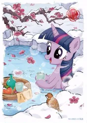 Size: 462x657 | Tagged: safe, derpibooru import, official, twilight sparkle, twilight sparkle (alicorn), alicorn, bird, pony, g4, bath, card, cup, drink, flower petals, folded wings, food, happy, hot springs, image, jpeg, kayou, merchandise, open mouth, open smile, outdoors, partially submerged, persimmon, petals, plum blossom, pond, public bathing, sitting, smiling, snow, solo, steam, tea, teacup, text, towel, tree, tree branch, washtub, water, wings, winter