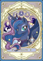 Size: 1283x1802 | Tagged: safe, derpibooru import, official, princess luna, alicorn, pony, g4, card, cloud, crown, cutie mark, flowing mane, image, jewelry, jpeg, kayou, long hair, looking at you, merchandise, moon, necklace, regalia, slender, smiling, solo, spread wings, stained glass, stars, text, thin, wings